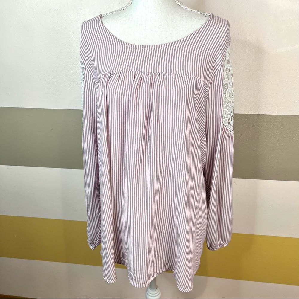 2/$25 Lane Bryant Pink Stripes Floral Lace Business Feminine Casual Blouse 22/24 - Picture 3 of 13
